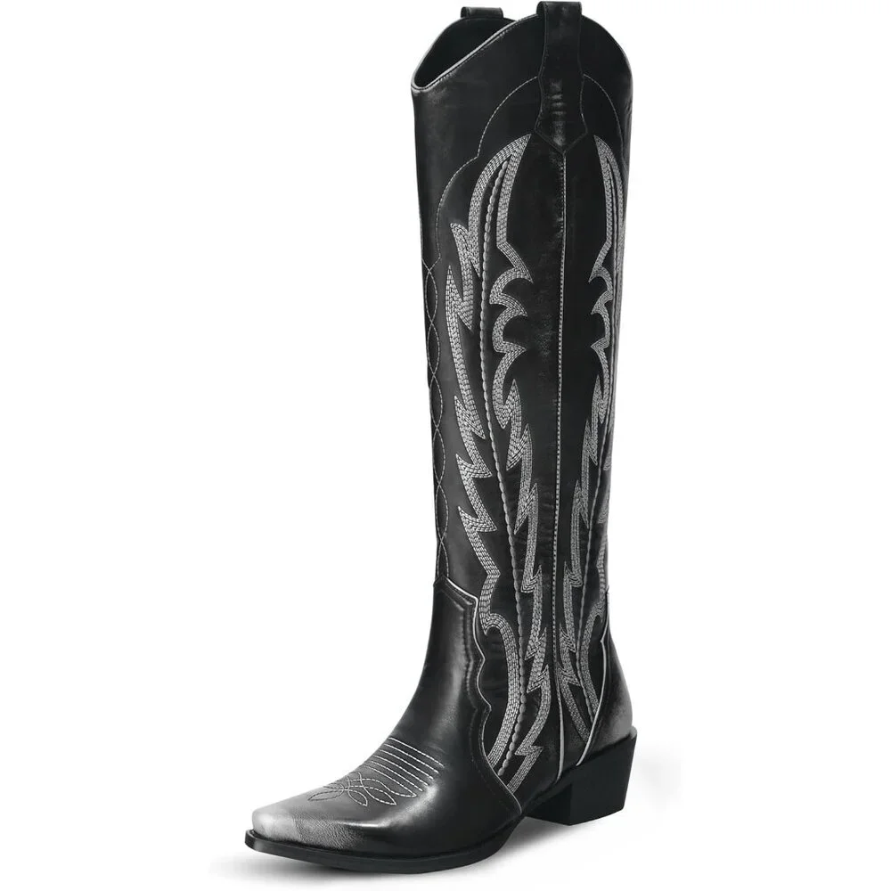 Women Silver Faux Leather Knee High Cowgirl Boots with Pointed Toe Block Heel